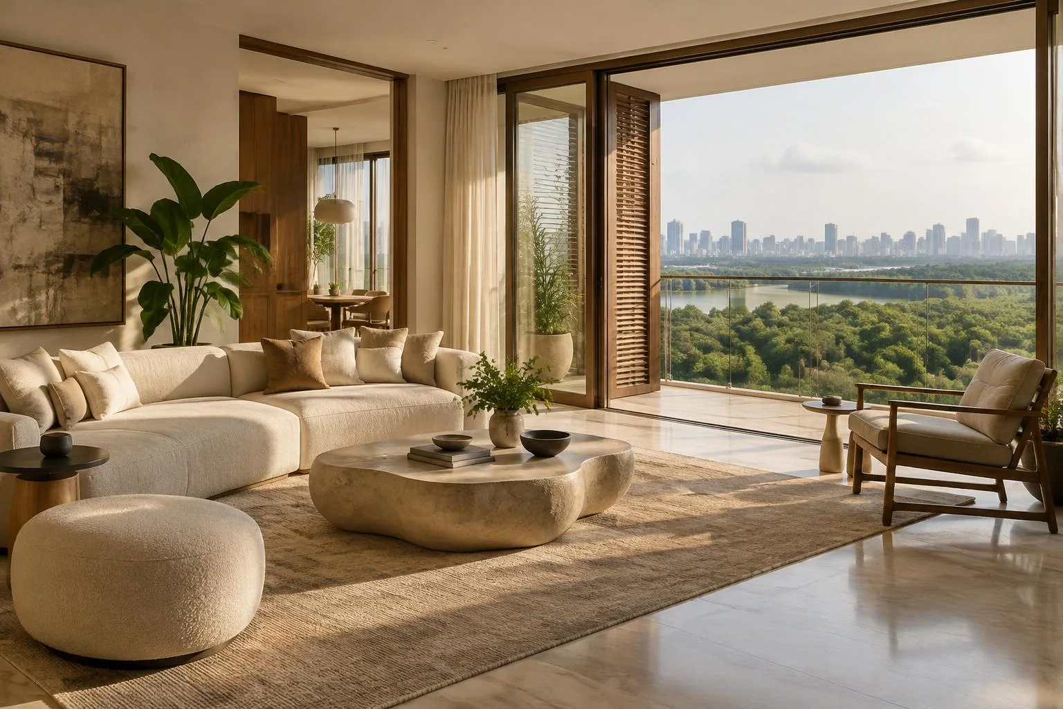 Conceptual living room with a balcony and green outlook; not a project specification