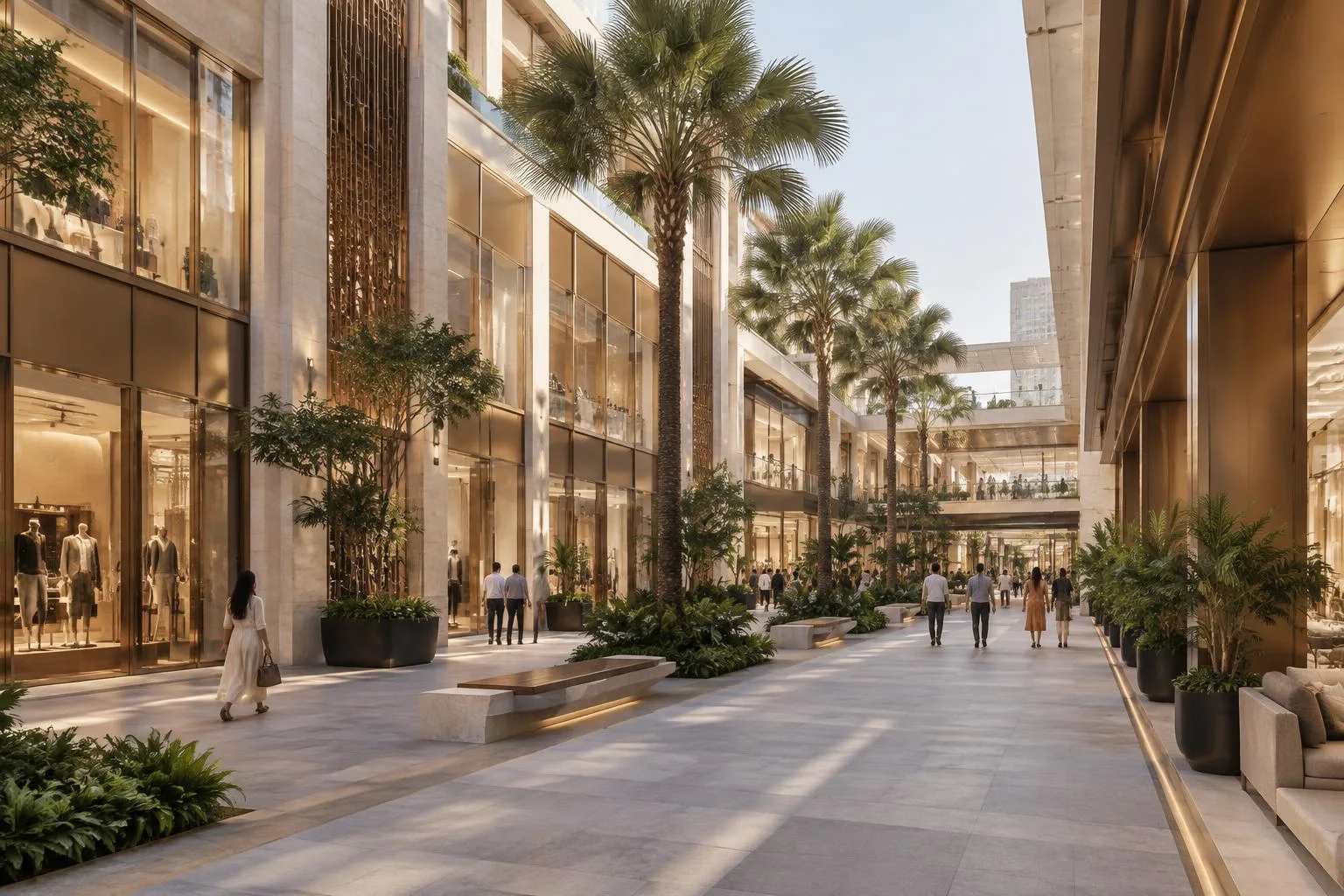Conceptual stone and glass shopping arcade; not the actual project mall